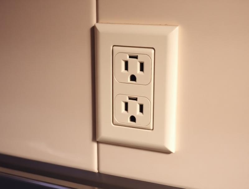 Beige kitchen wall outlet with two receptacles, photographed about 18 inches away, sink visible at lower edge.