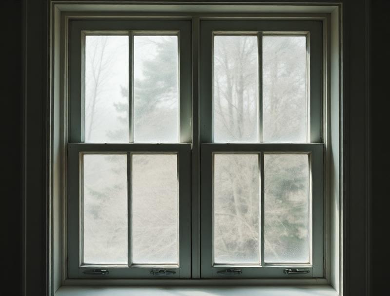 Interior view of a closed double-hung white wooden window with a sash lock at the meeting rail.